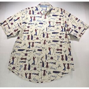 Bugle Boy Company Mens Large Golf Print Short Sleeve Button Down Shirt Cream Red